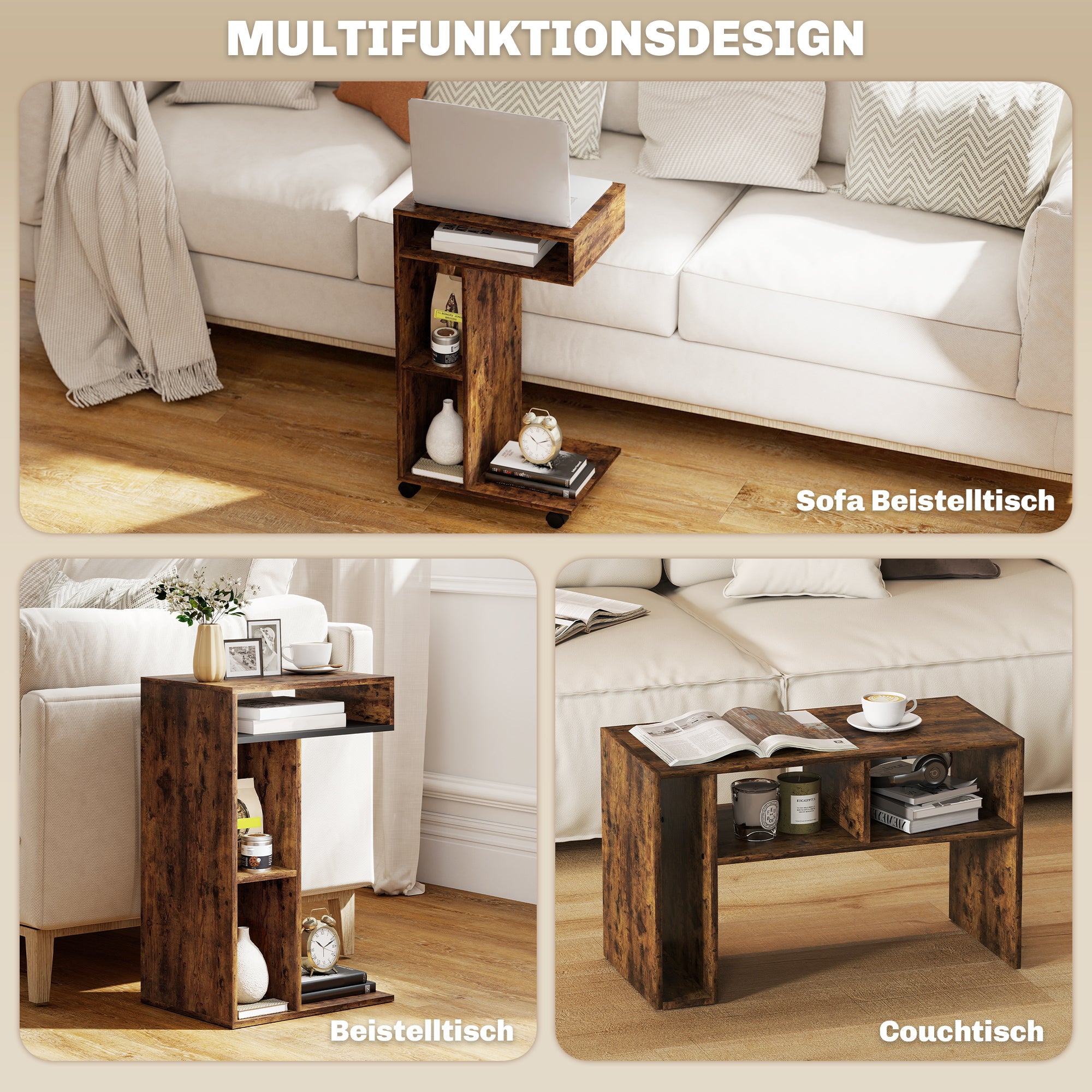 C-format sidobord med hjul, 3 hyllor, rustik brun