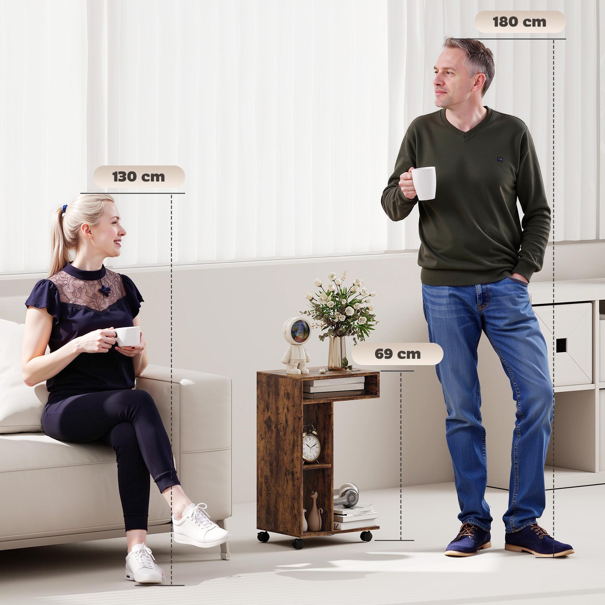 C-format sidobord med hjul, 3 hyllor, rustik brun