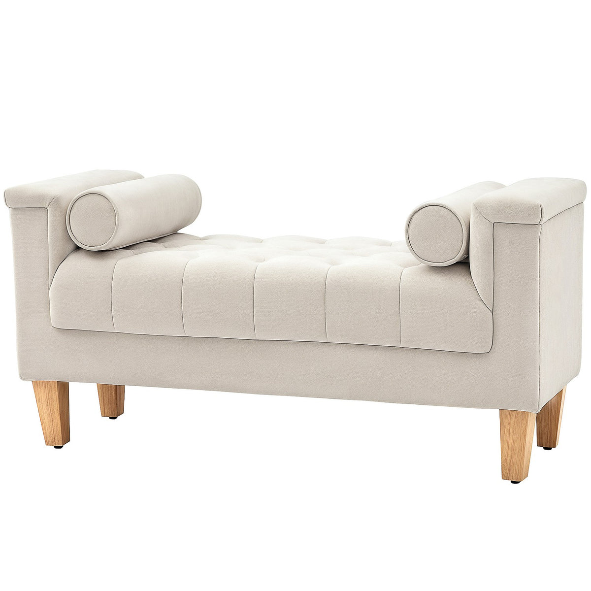 Banc revêtu de chenille avec accoudoirs et coussins, beige