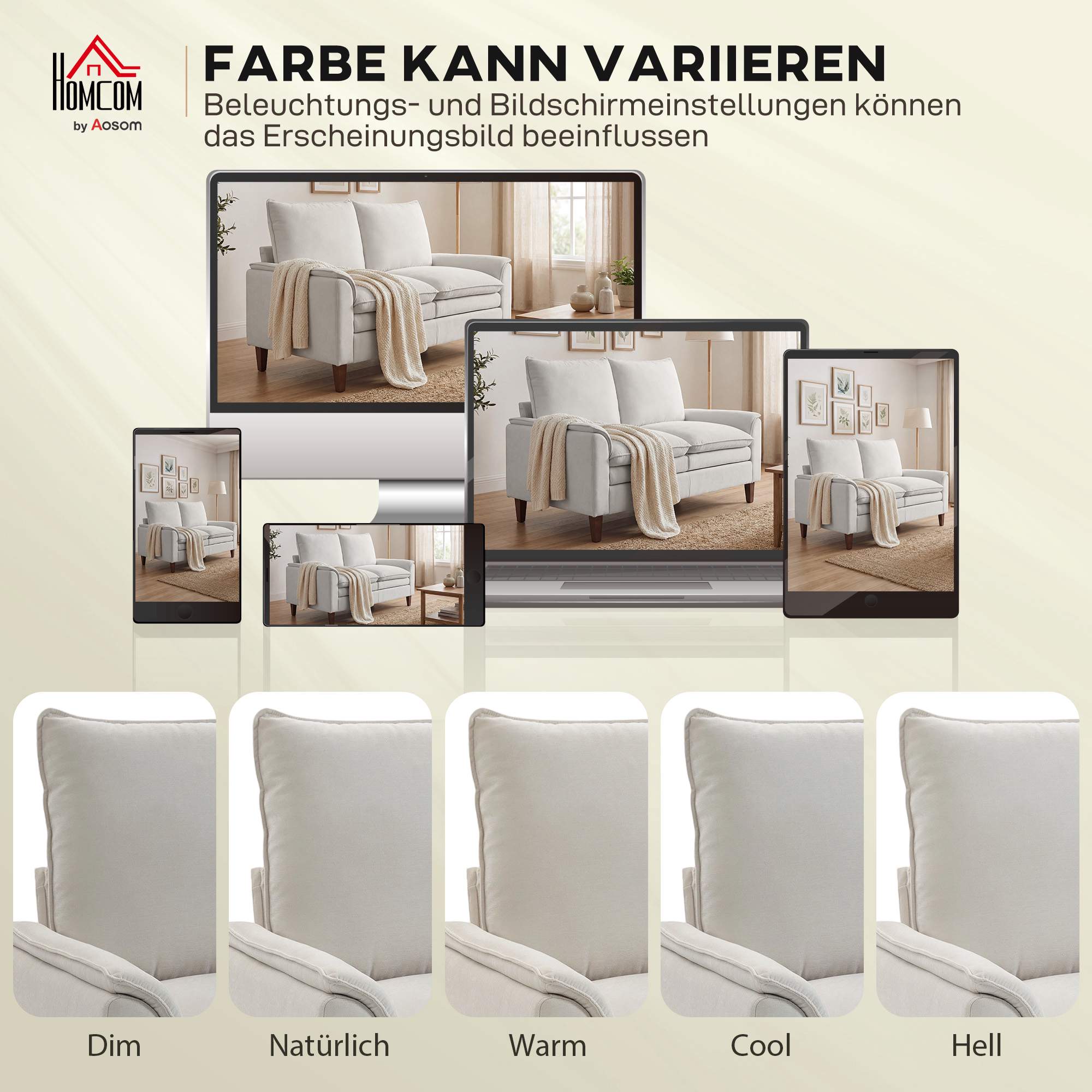Chenille-soffa med två setar, krämfärgad, 24 cm dyna, hög rygg