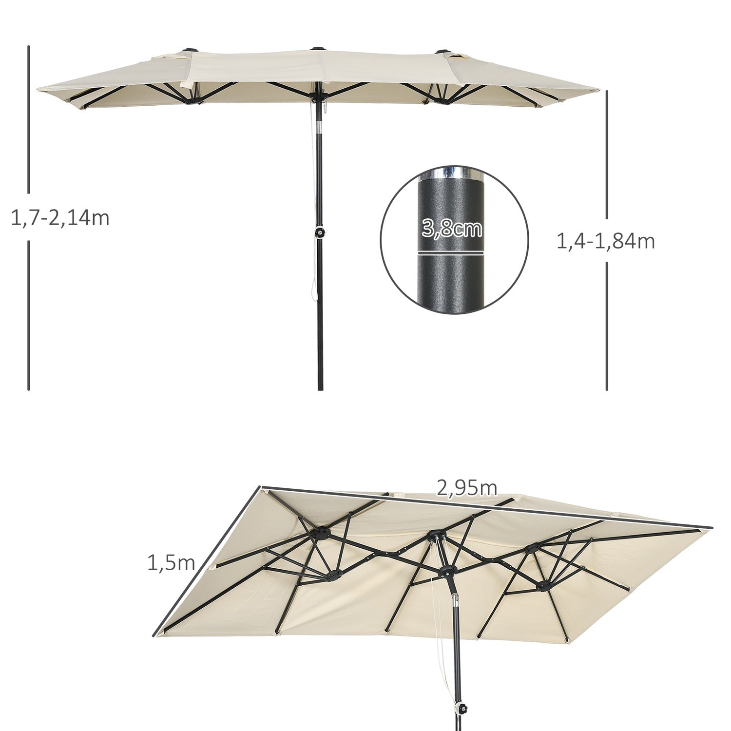 Cream utomhusdubbelparasoll – Justerbar lutning, 150x295cm