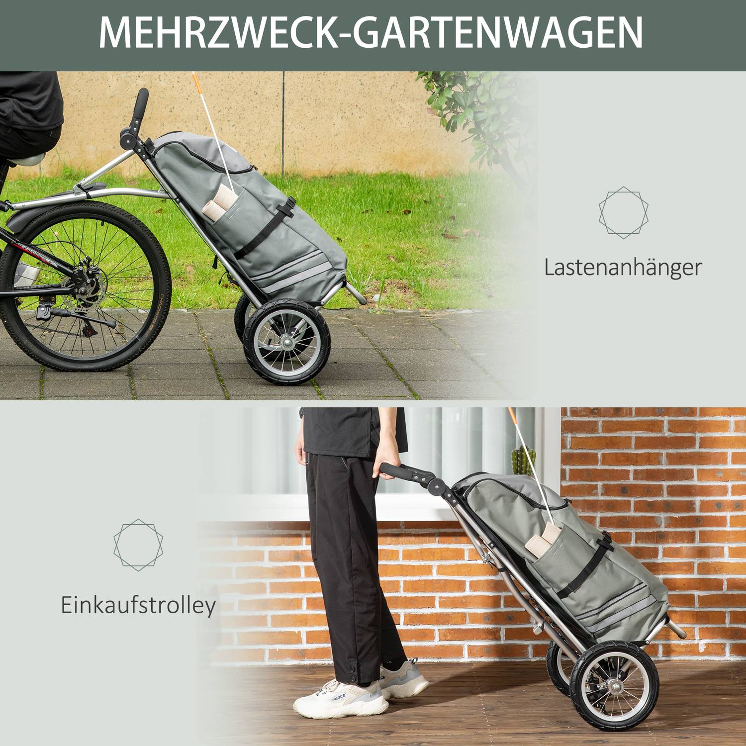 Cykellastvagn och kundvagn, 55L, aluminium, grå