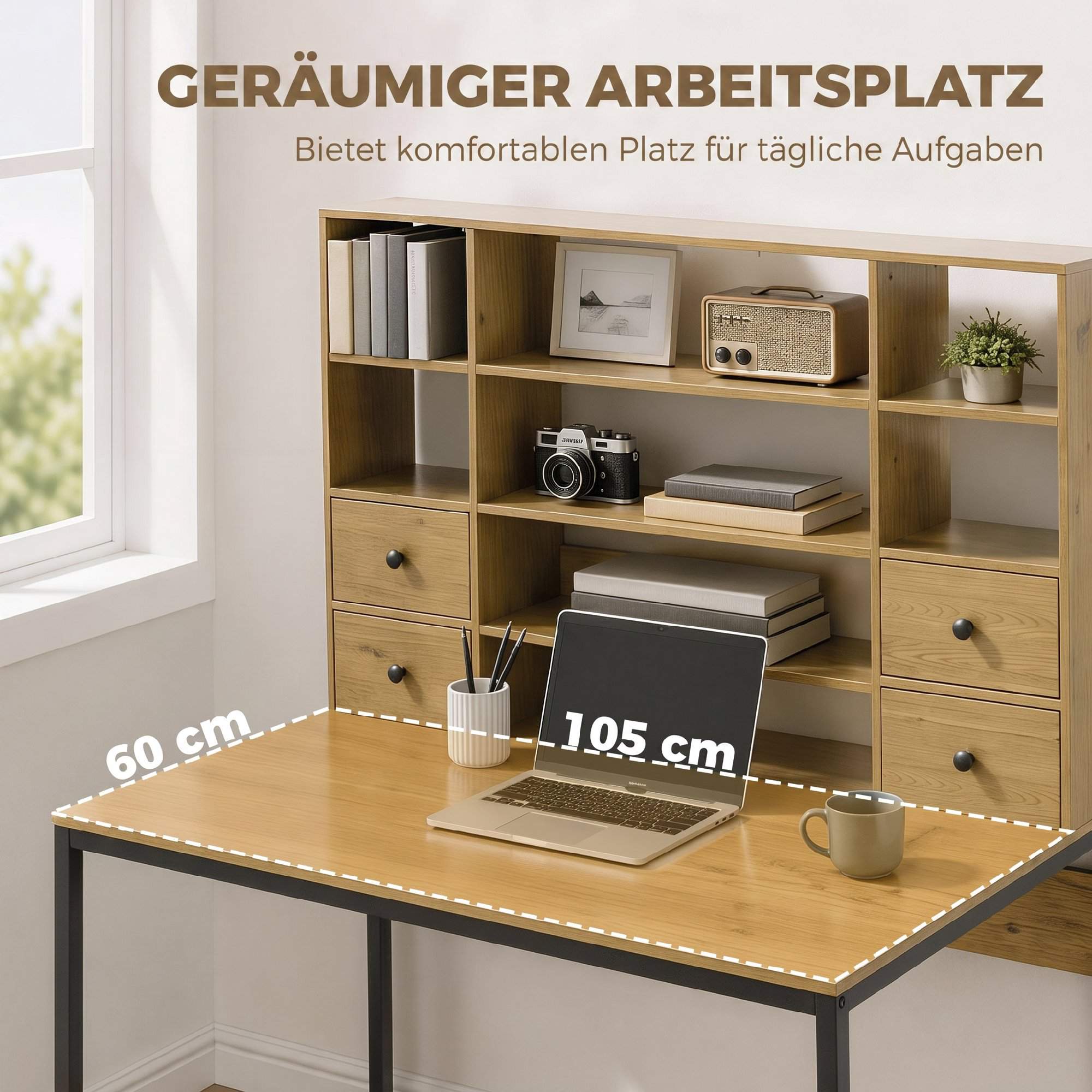 Datorskrivbord 105 cm med 4 lådor och hyllor, naturfärgad