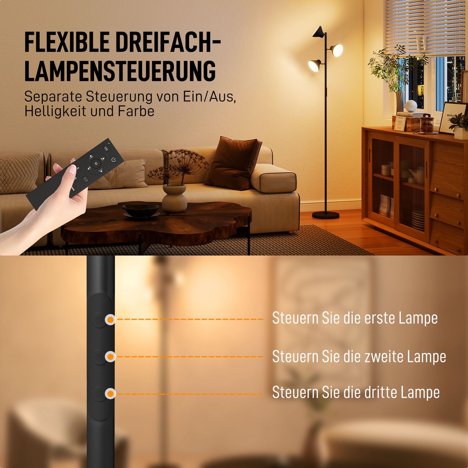 Dimbar golvlampa med läslampa, RGB, fjärrkontroll