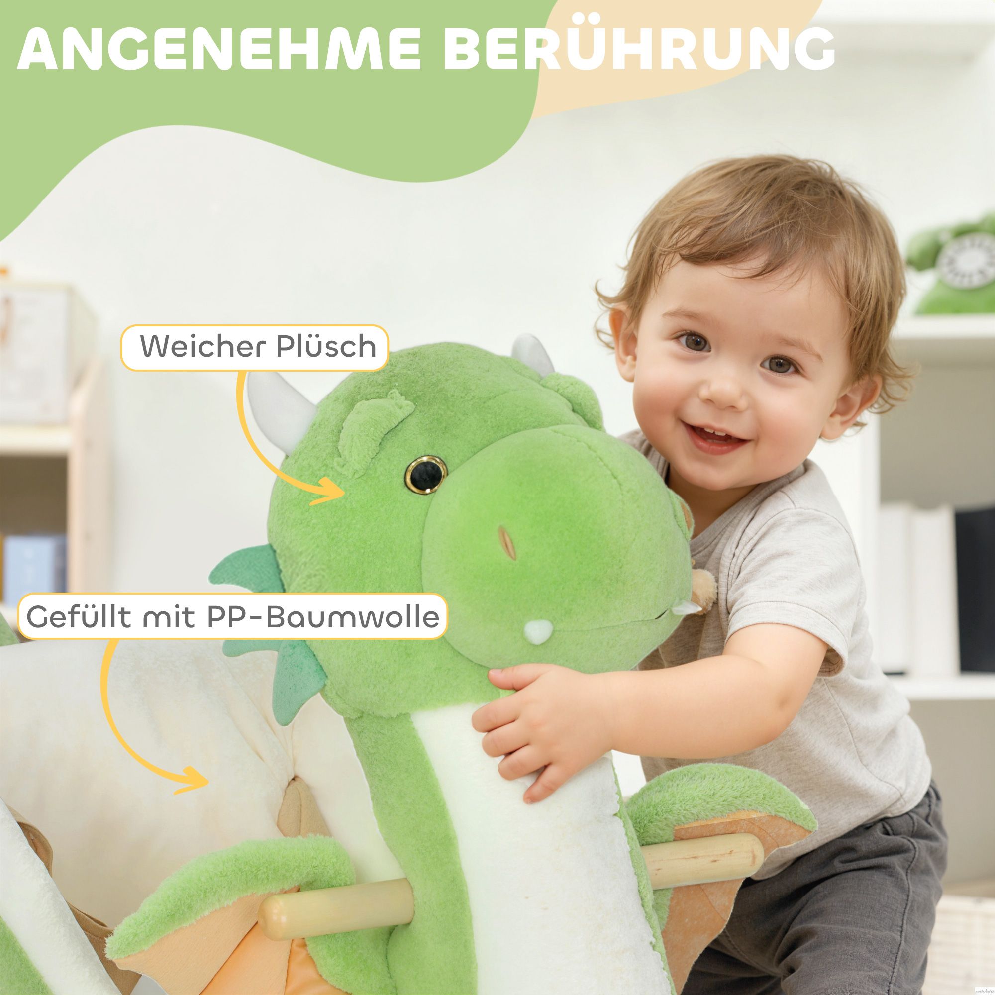 Dinosaurie-gunga med ljud, mjuk fyllning, träram, grön