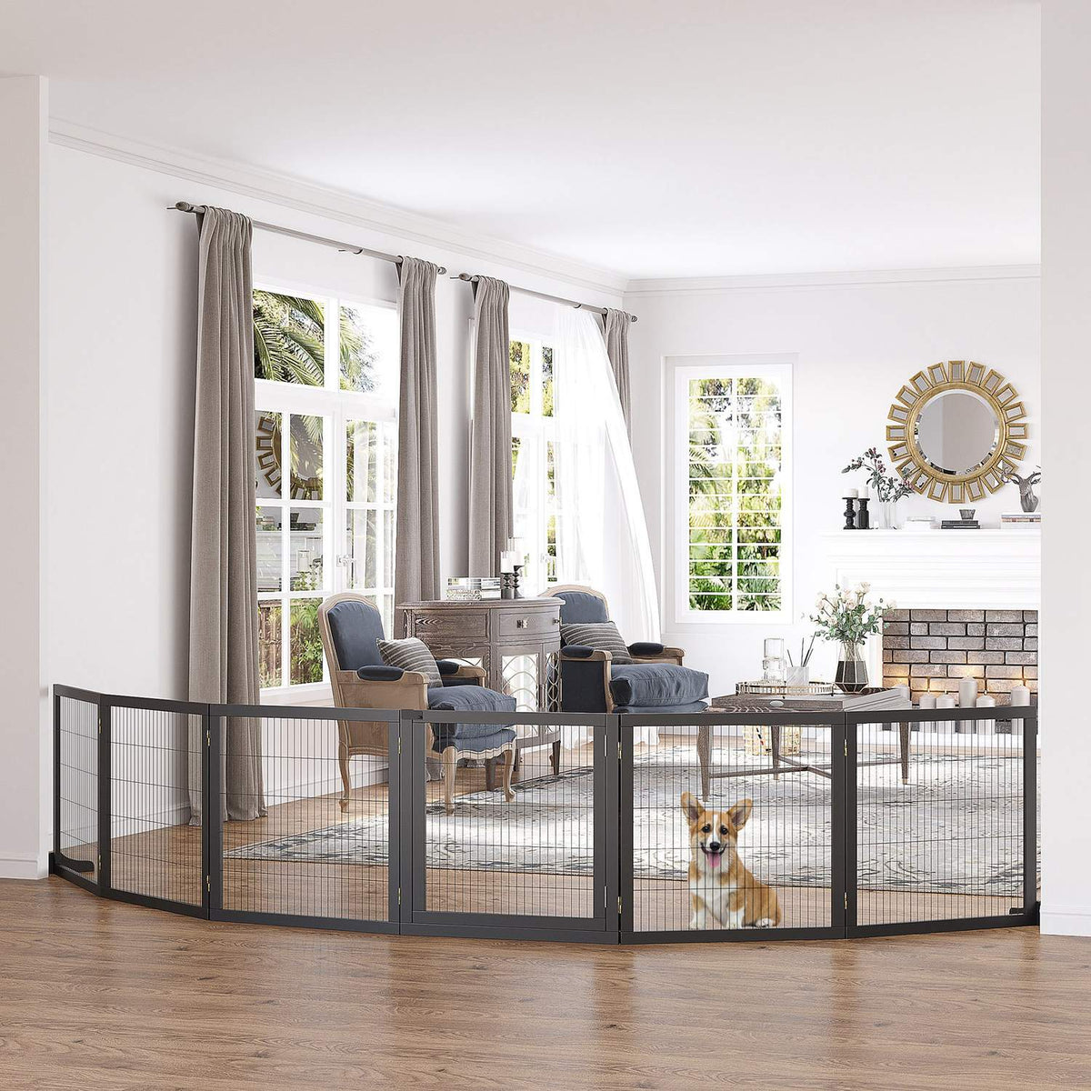 Cancelletto per cani – barriera di sicurezza pieghevole, pino e metallo, 432x36x70 cm