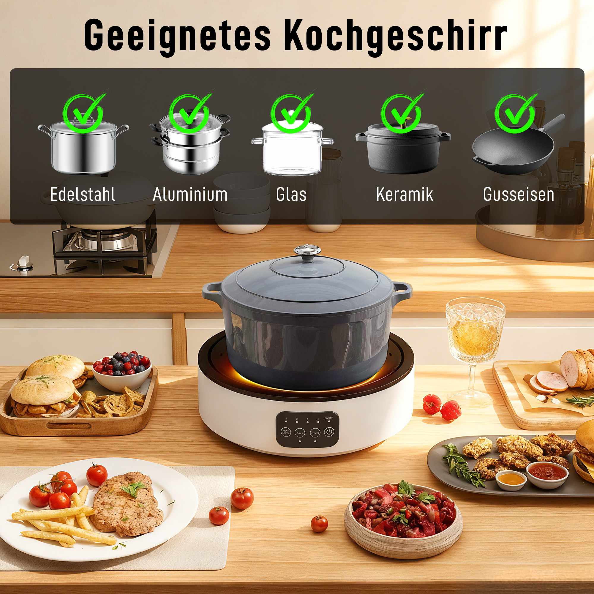 Dubbel keramisk spishäll och grill, 2000W, 4 värmenivåer, vit