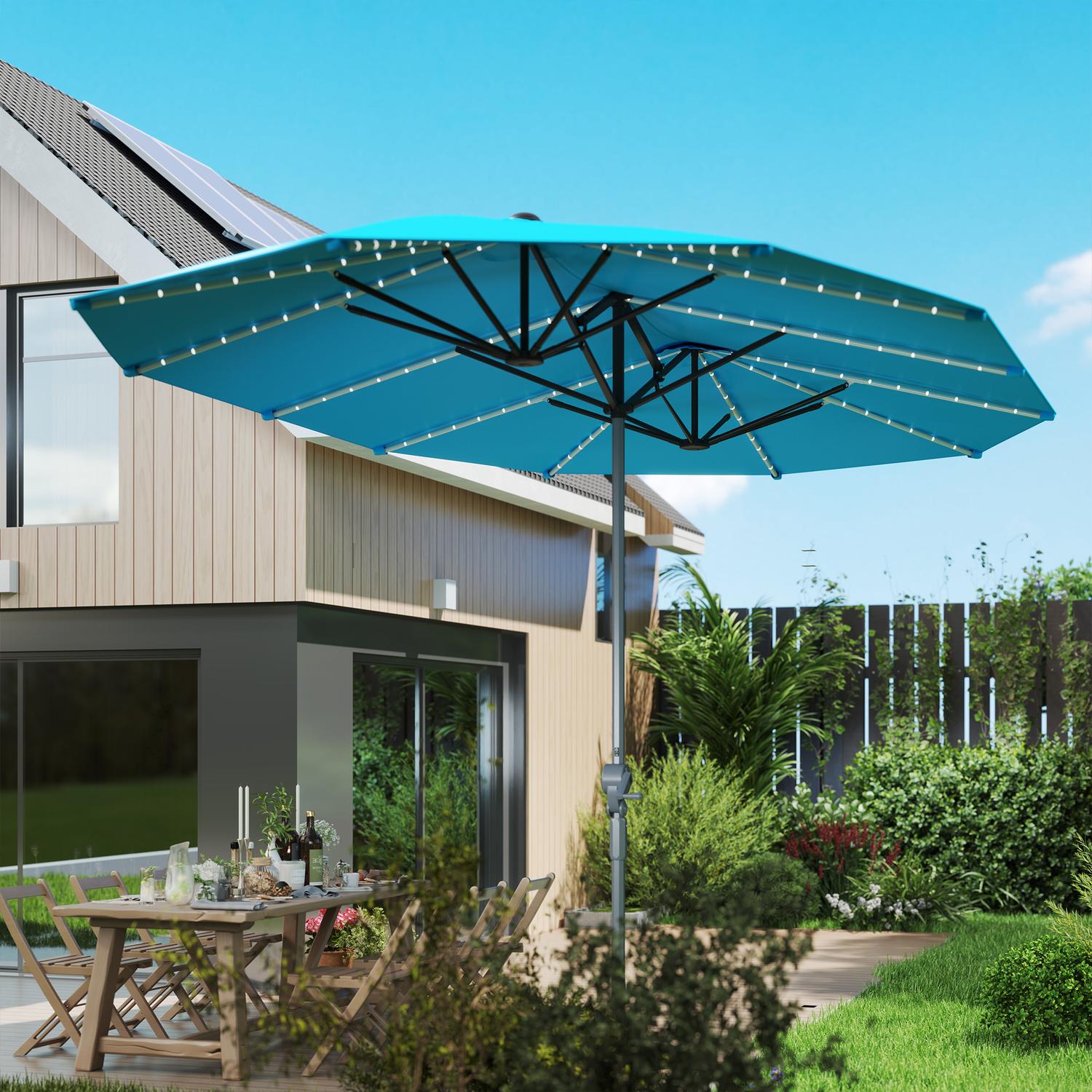 Dubbelt parasoll med solcellslysdioder, UV 50+ aluminium – blå