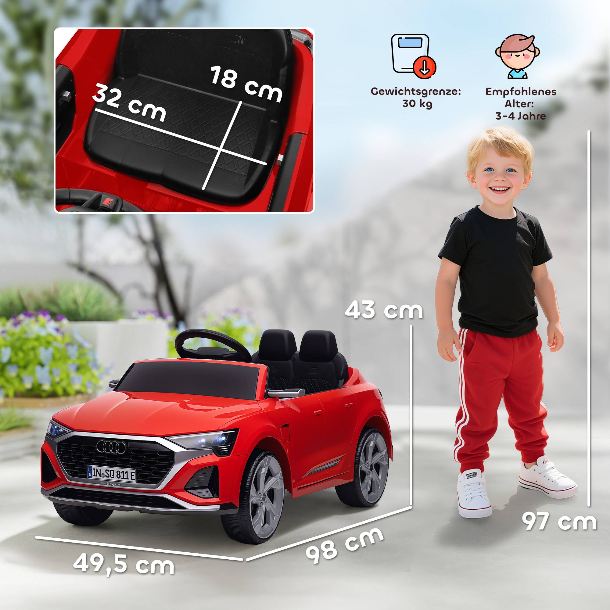 Elbil för barn, 12V Audi Q8, fjärrkontroll, lampor, musik, röd