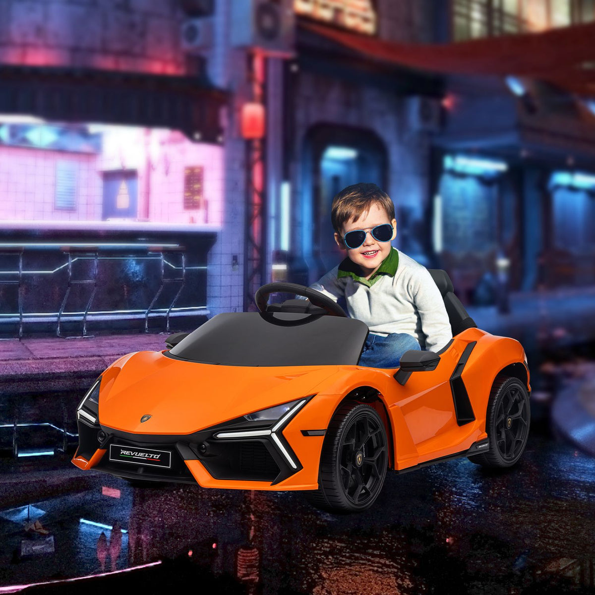 Voiture électrique pour enfant 12V avec télécommande, musique, port USB, orange