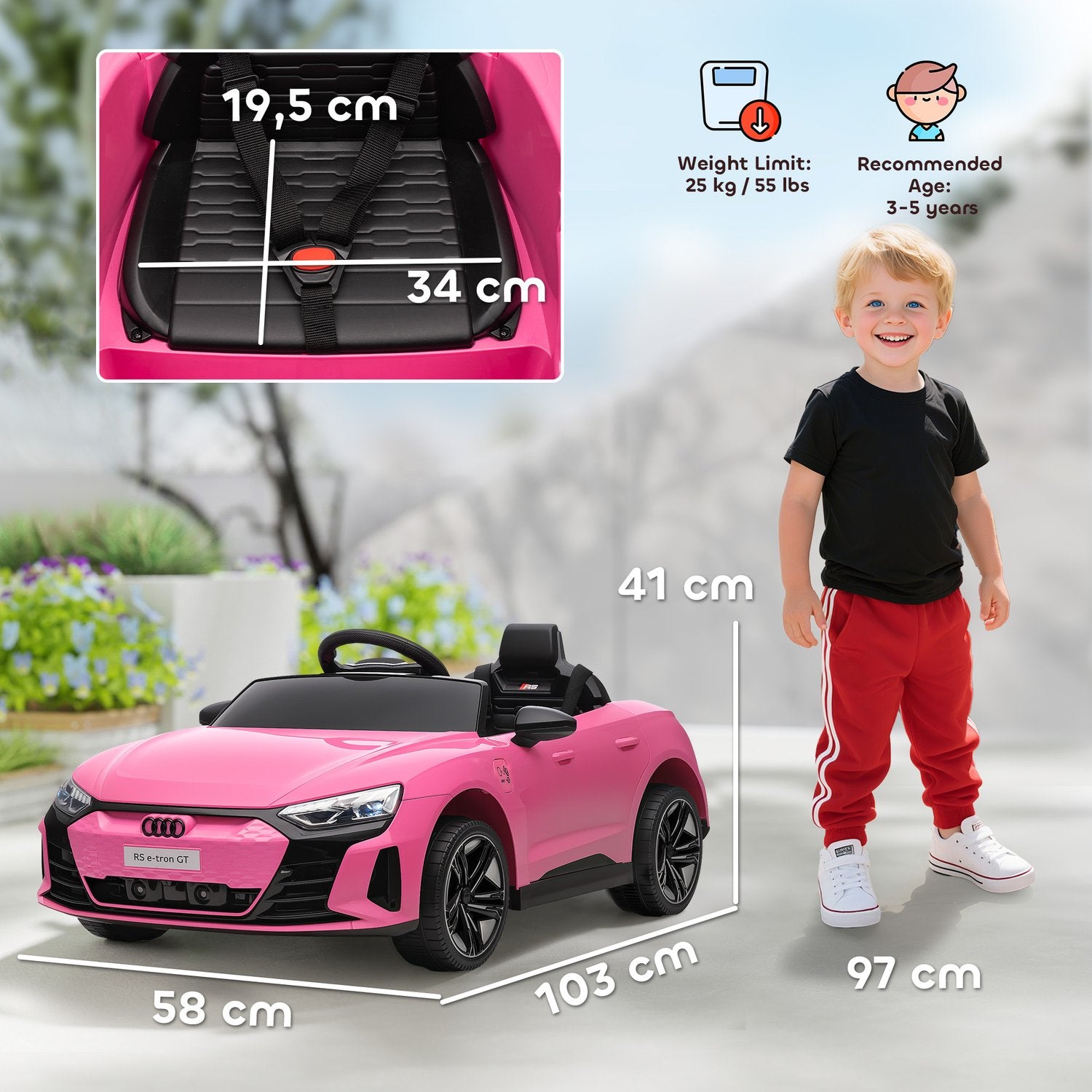 Elbil för barn med fjärrkontroll, säkerhetsbälte, musik, rosa, 3-5 år