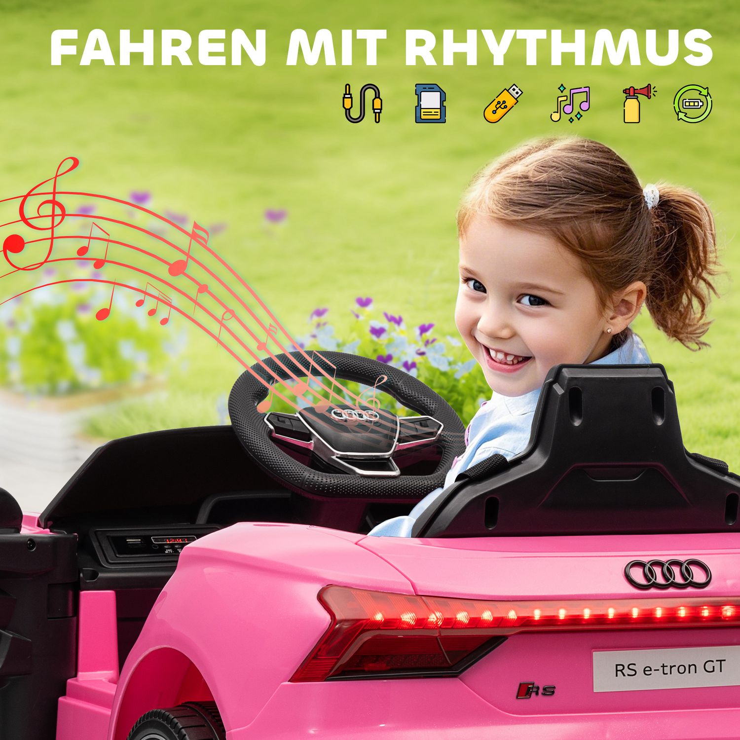 Elbil för barn med fjärrkontroll, säkerhetsbälte, musik, rosa, 3-5 år
