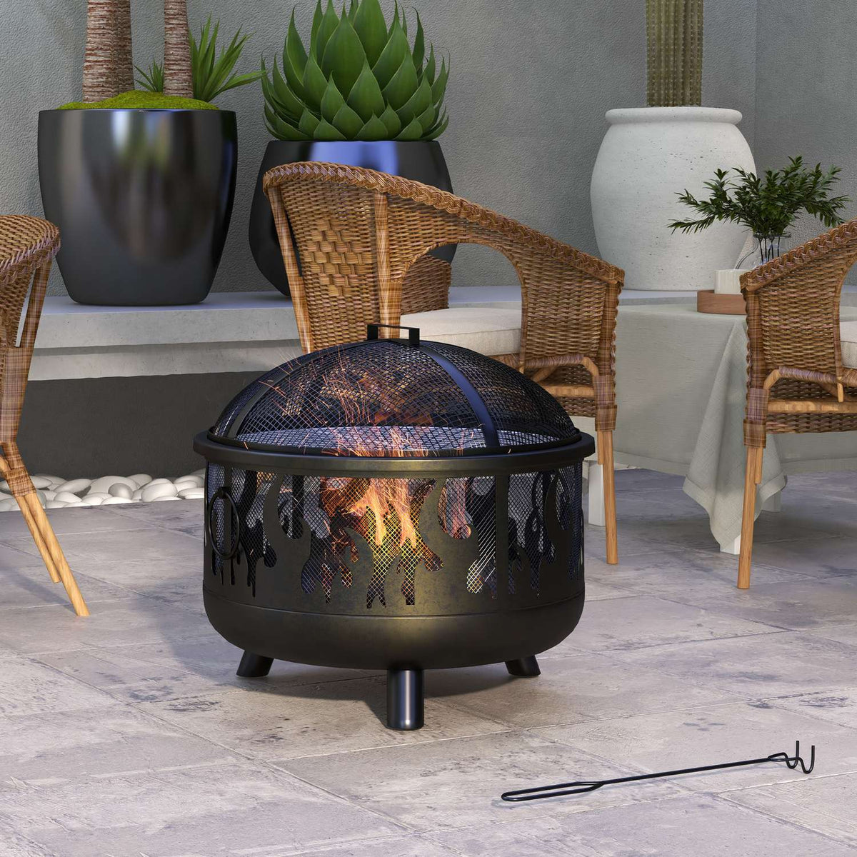 Brasero avec pare-étincelles & grille – métal, Ø61cm