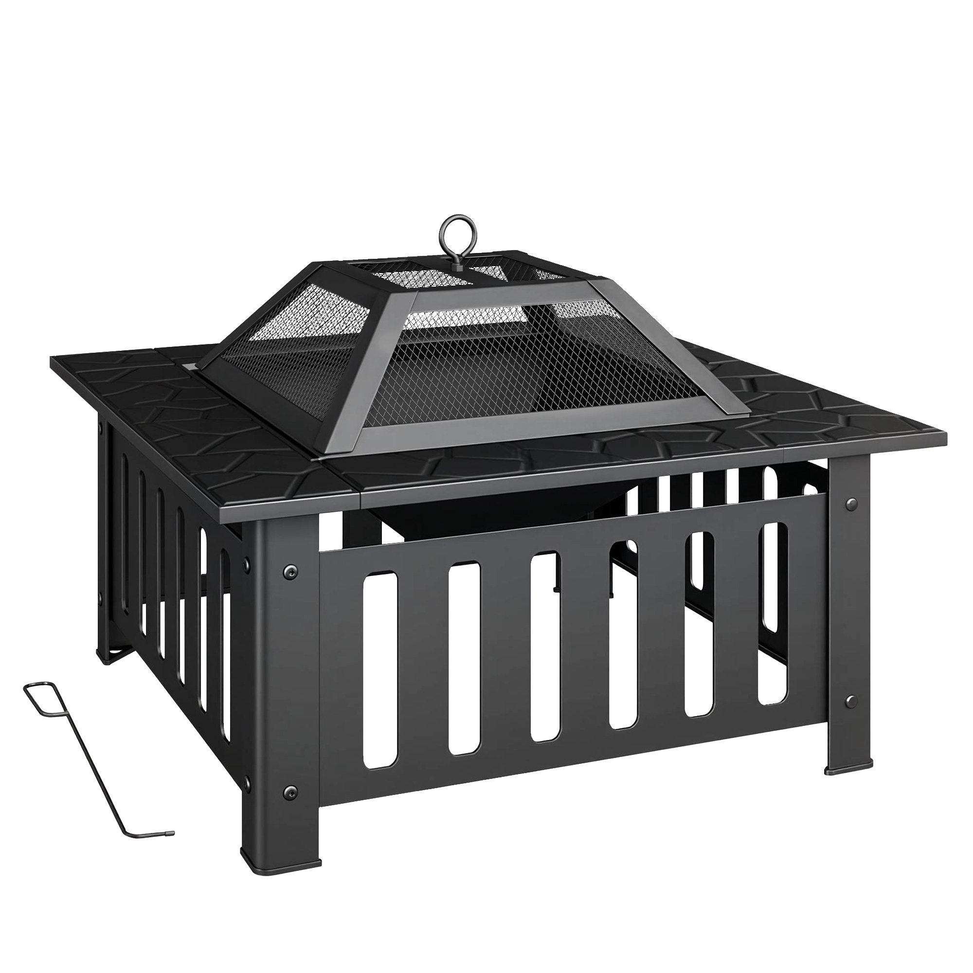Eldstad i stål med gnistskydd och eldgaffel för utomhusgrill