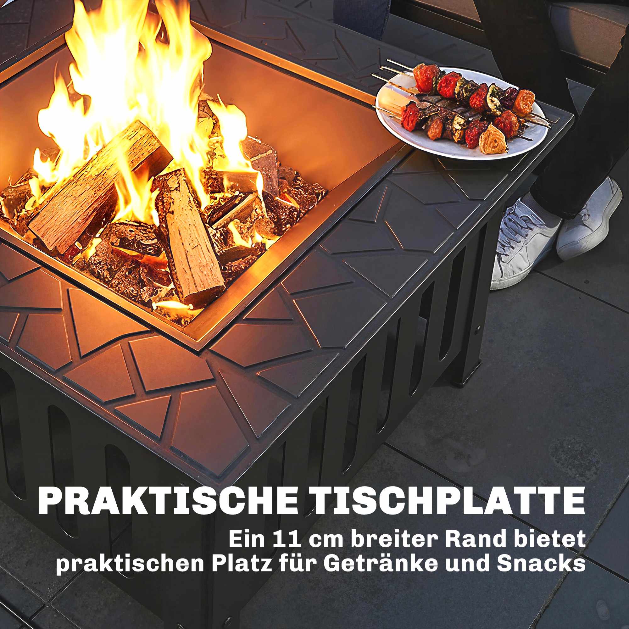 Eldstad i stål med gnistskydd och eldgaffel för utomhusgrill