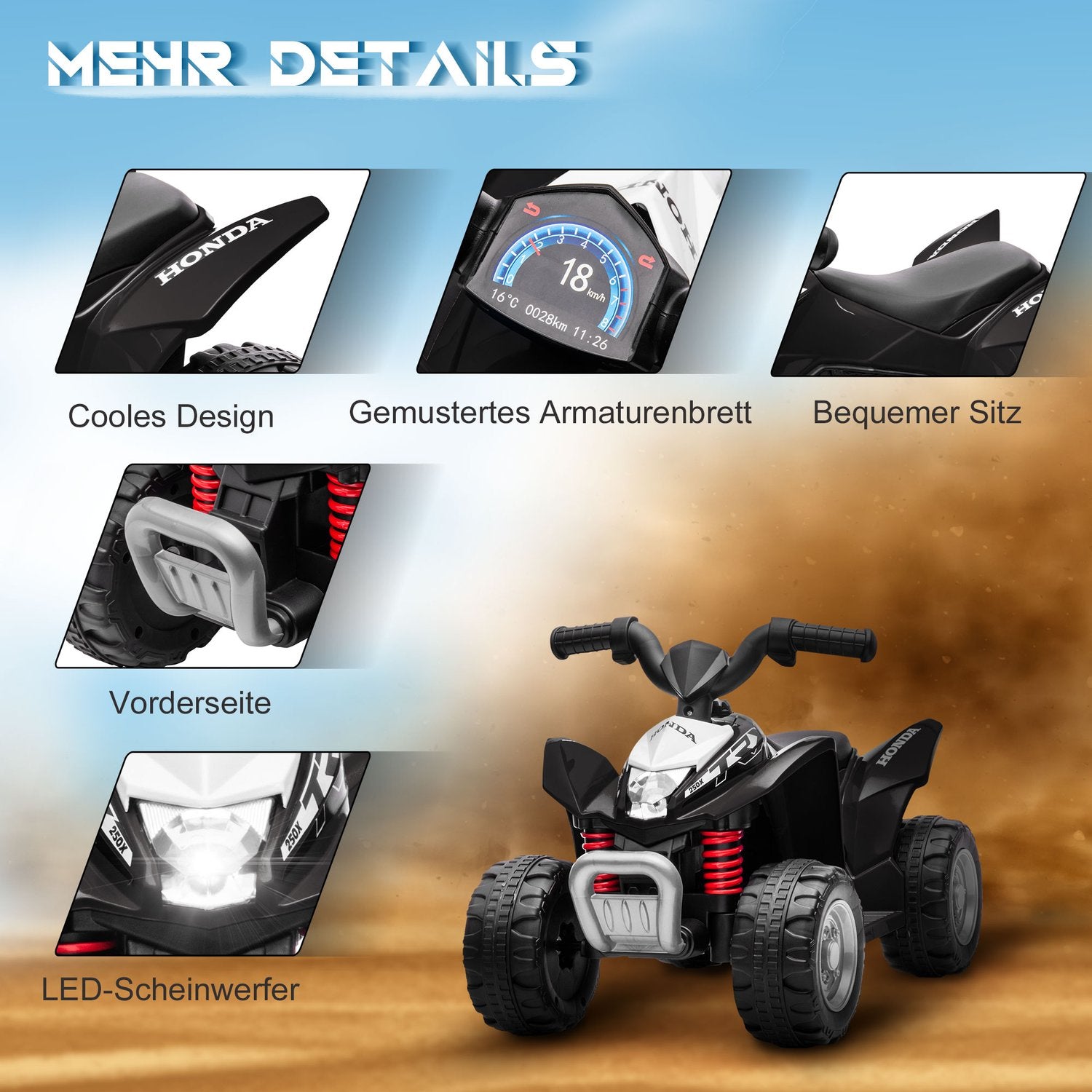 Elektrisk ATV för barn med LED-lampor och horn, svart