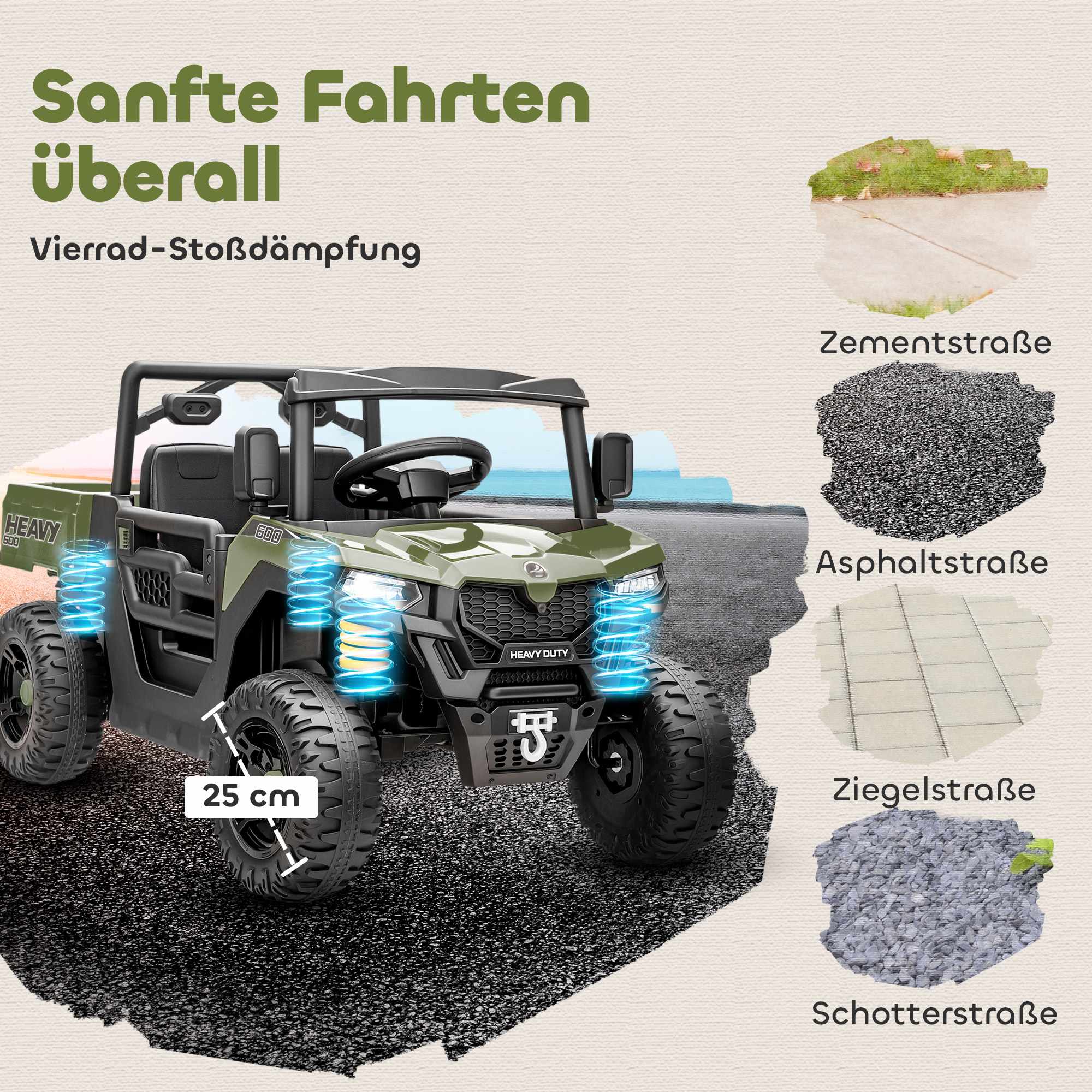 Elektrisk barn-UTV, 2 motorer, musikfunktion, grön
