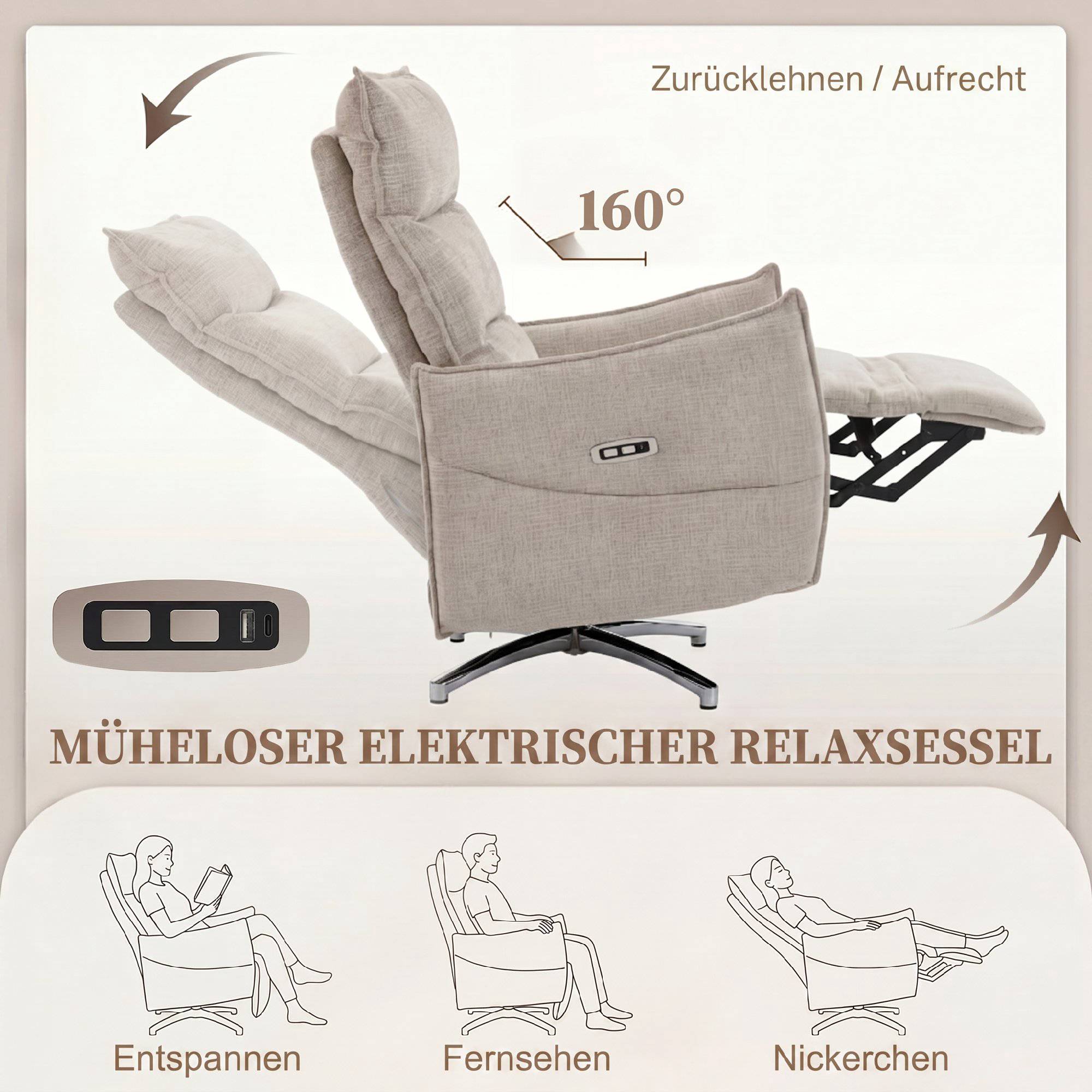 Elektrisk fåtölj med USB-portar, beige linnetyg