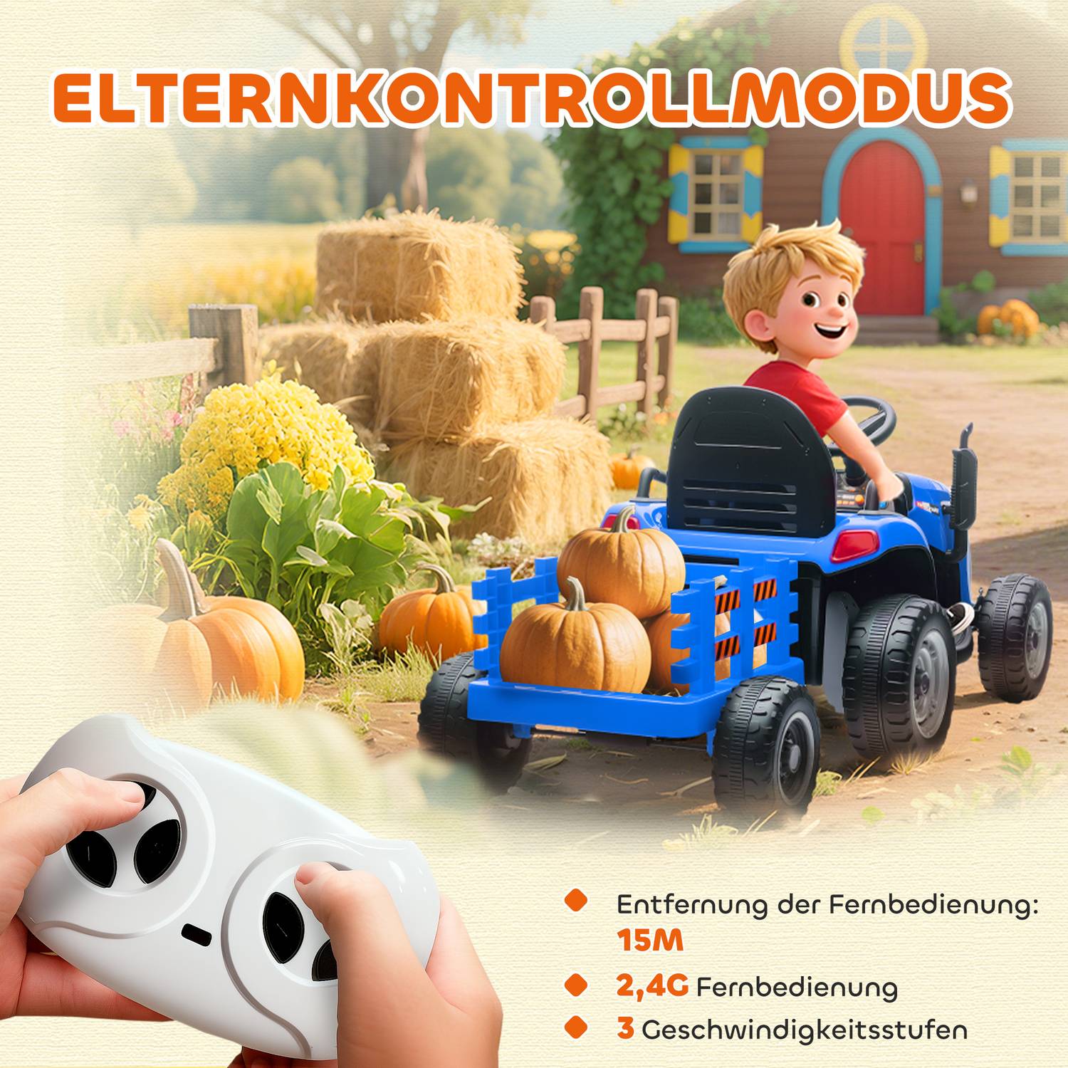 Elektrisk åktraktor för barn, fjärrkontroll, åldrar 3-8, blå