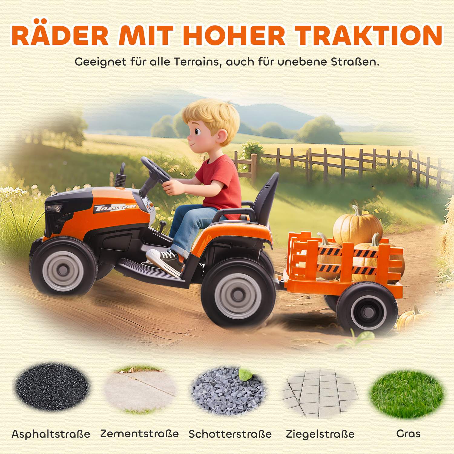 Elektrisk åktraktor för barn, fjärrkontroll, åldrar 3-8, orange