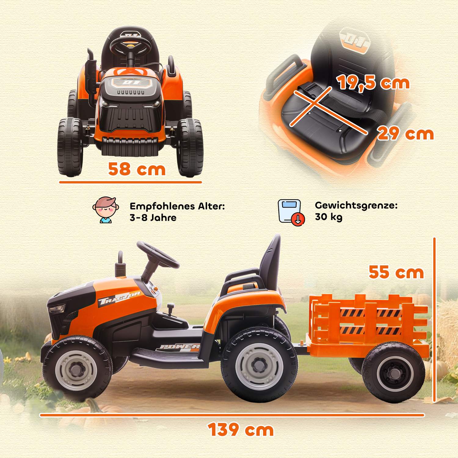 Elektrisk åktraktor för barn, fjärrkontroll, åldrar 3-8, orange