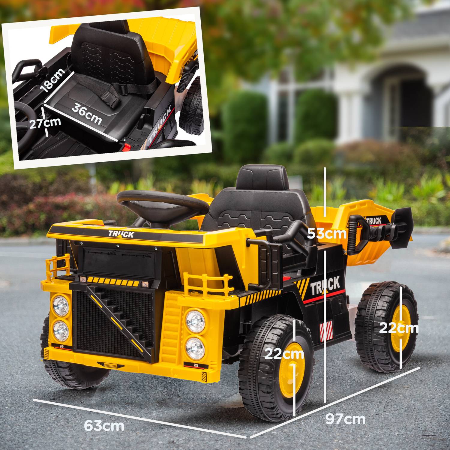 Elektrisk åktraktor för barn med spade, gul