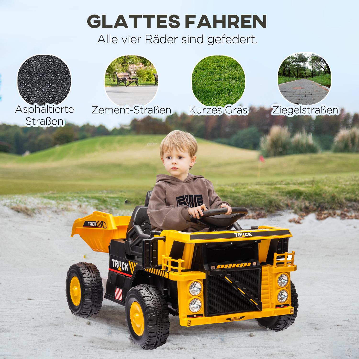 Elektrisk åktraktor för barn med spade, gul
