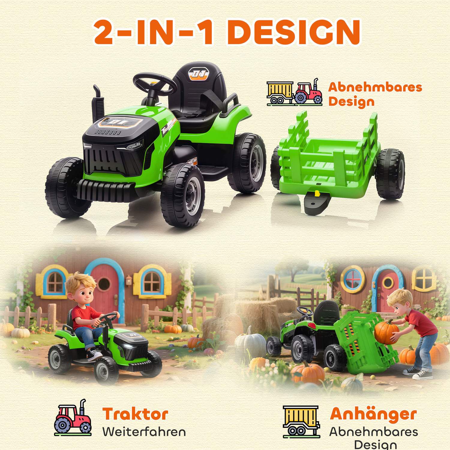 Elektrisk åktraktor med fjärrkontroll, 3-8 år, grön