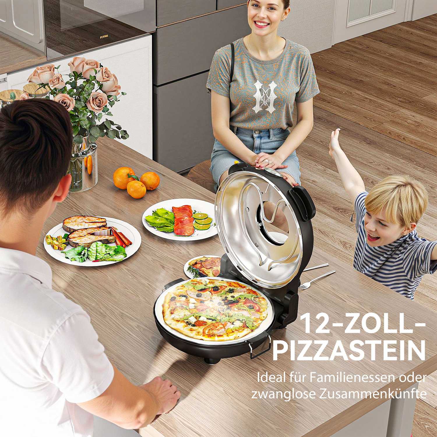 Elektrisk pizzaugn, 430℃, 1200W, 30cm sten, timer