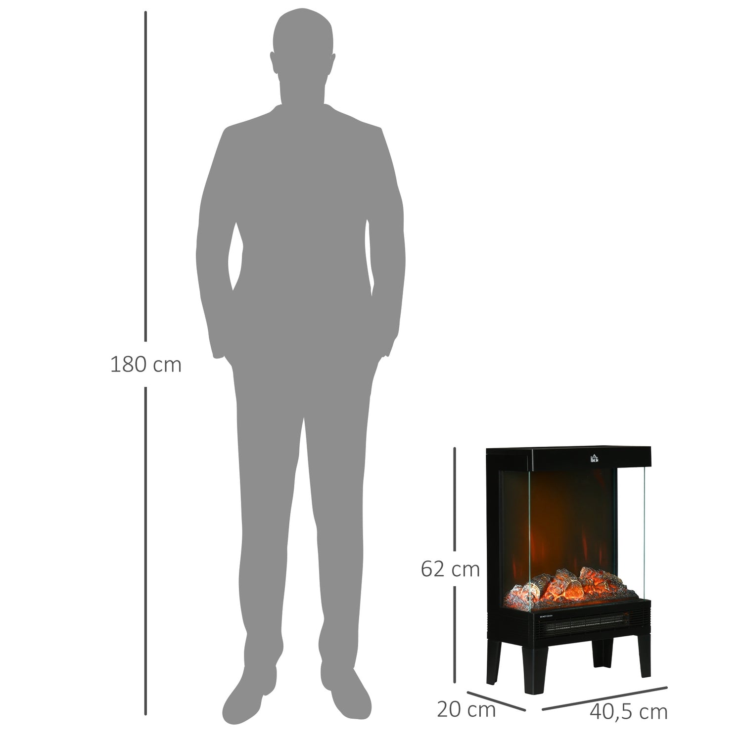 Elektrisk öppen spis med LED Flame, 1000/2000W, Svart