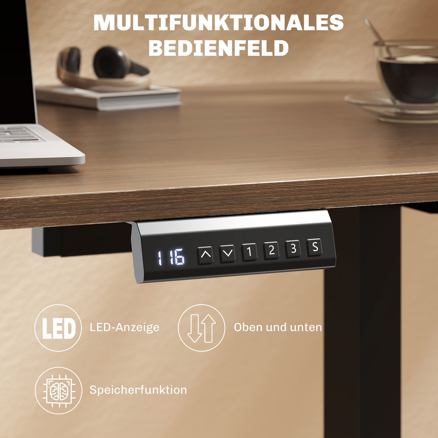 Elektrisk skrivbordsram, höj- och sänkbar, med minnesfunktion, stål, svart