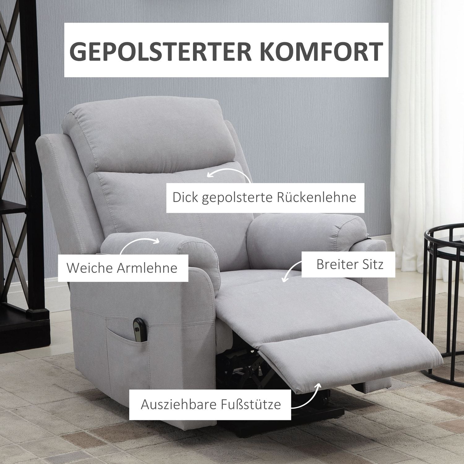 Elektrisk vilstol för seniorer, ståhjälp, linne grå