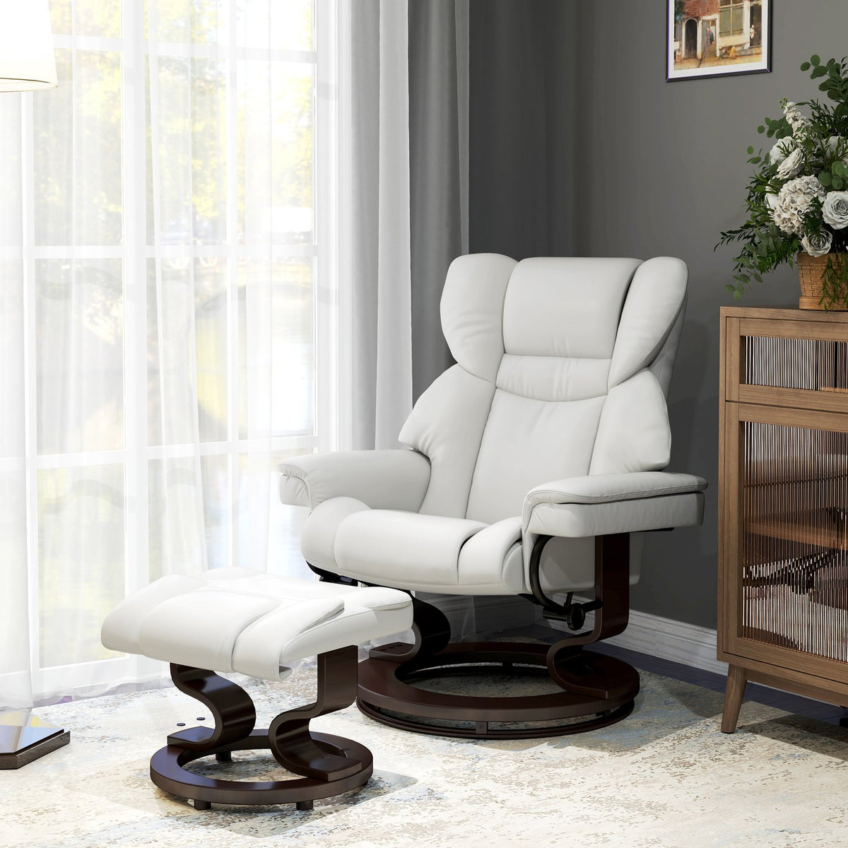 Chaise longue électrique avec pouf, similicuir, crème