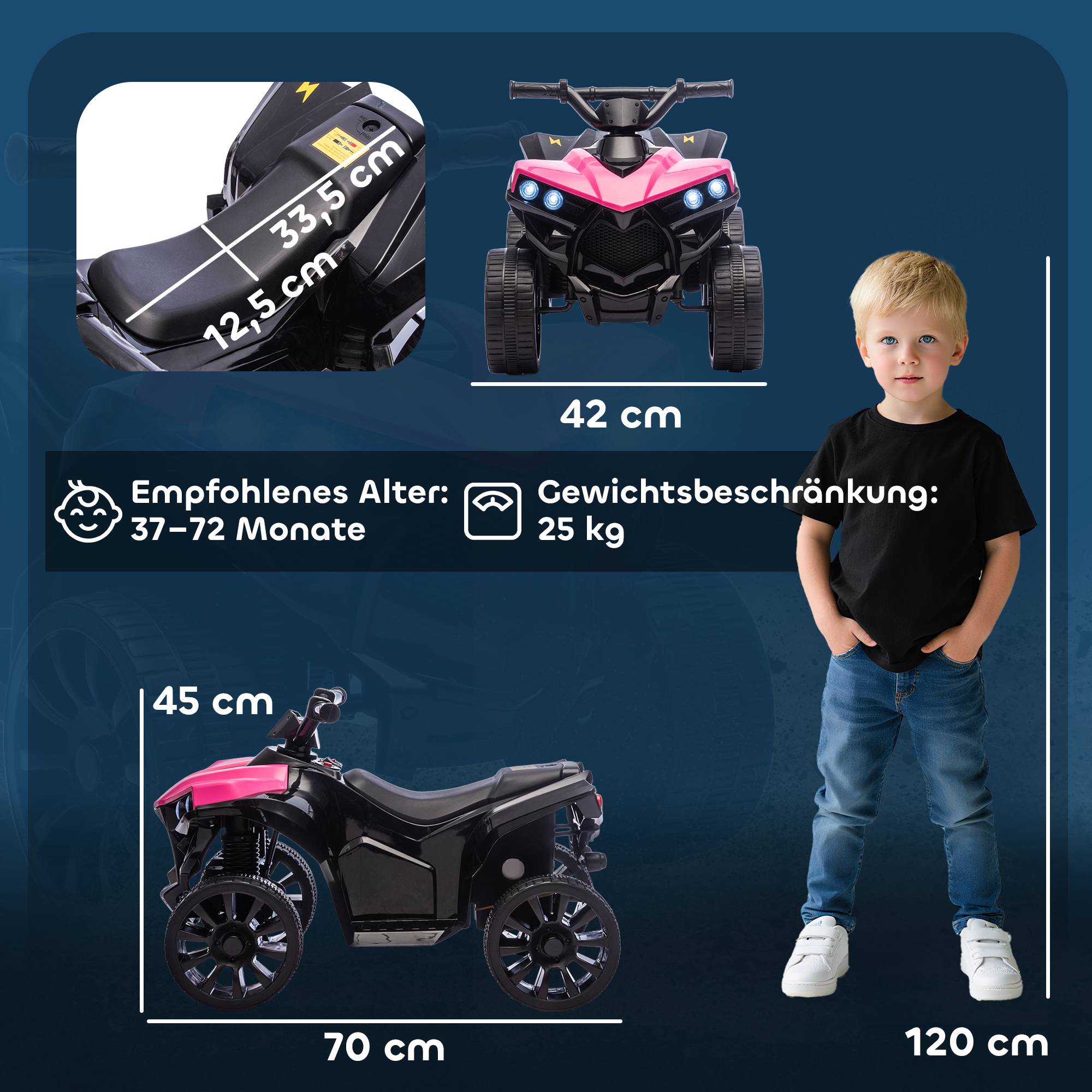 Elfyrhjuling för barn, 6V-motor, rosa, 3-6 år