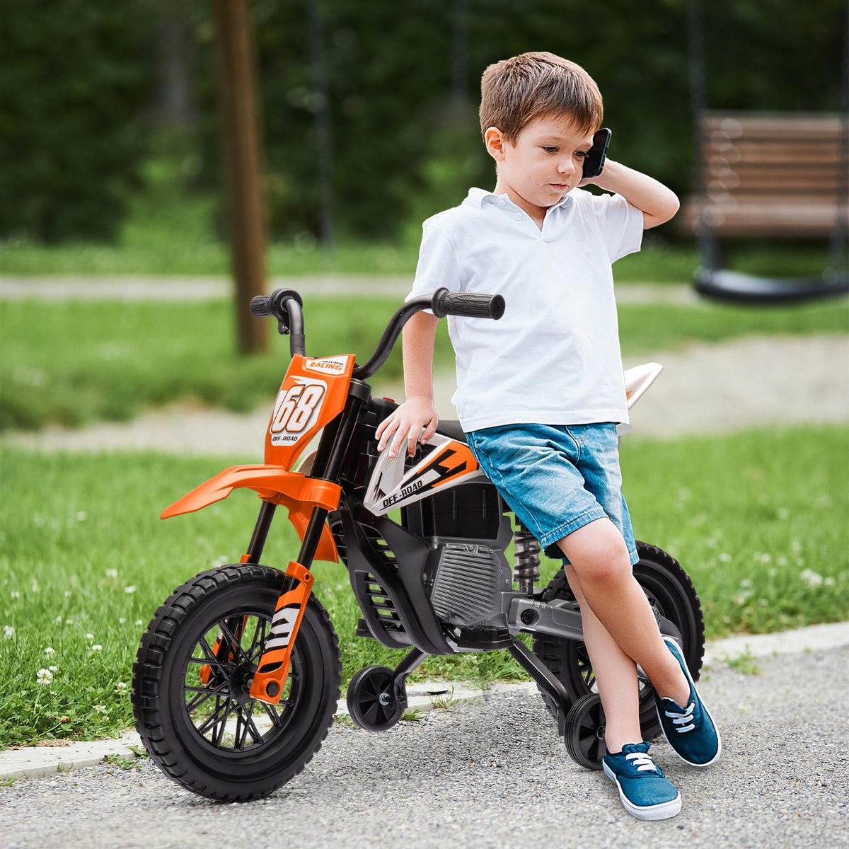 Elektromotorrad für Kinder, 12V, Musik, Stützräder, Orange