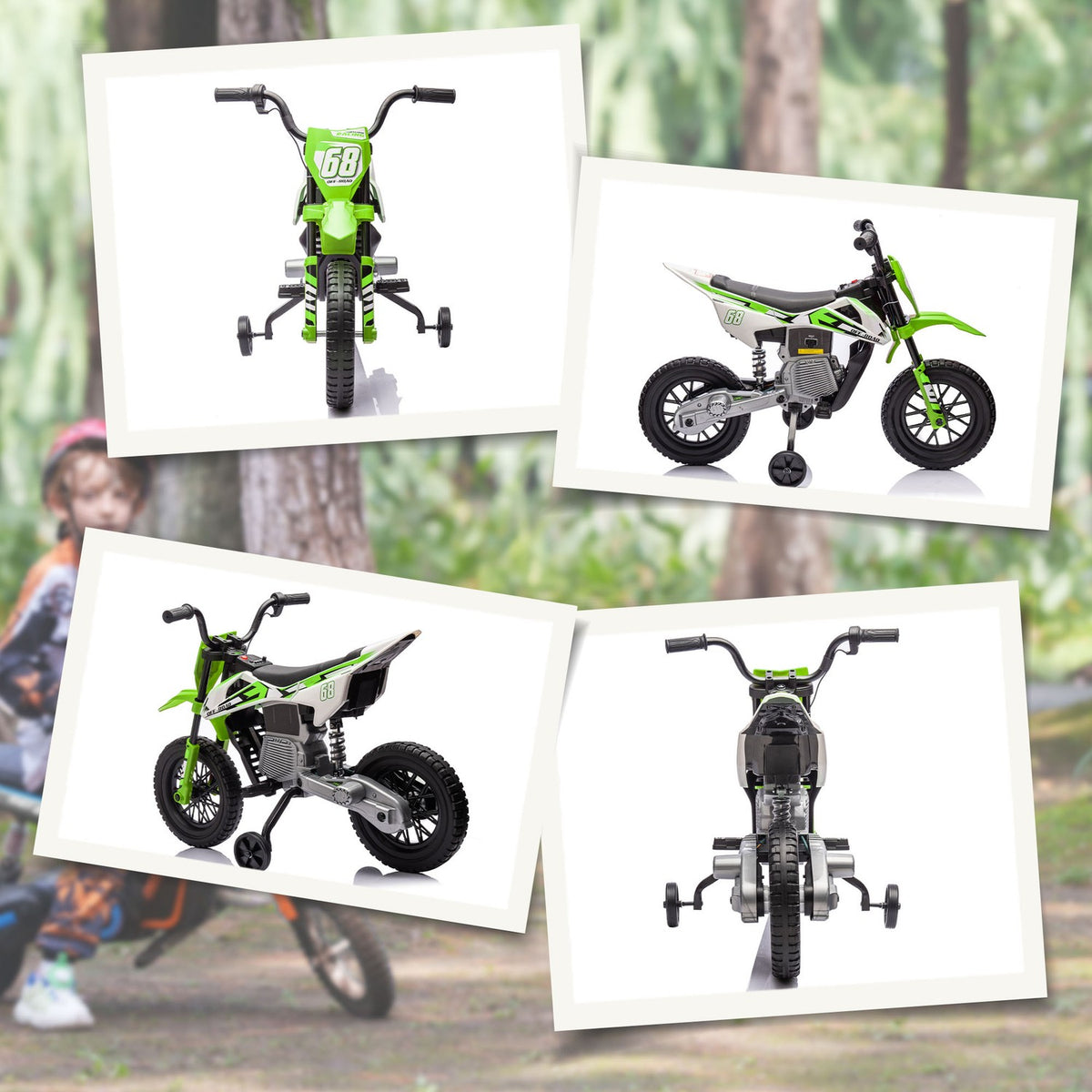 Moto elettrica per bambini, 12V, musica, 3-6 anni, verde