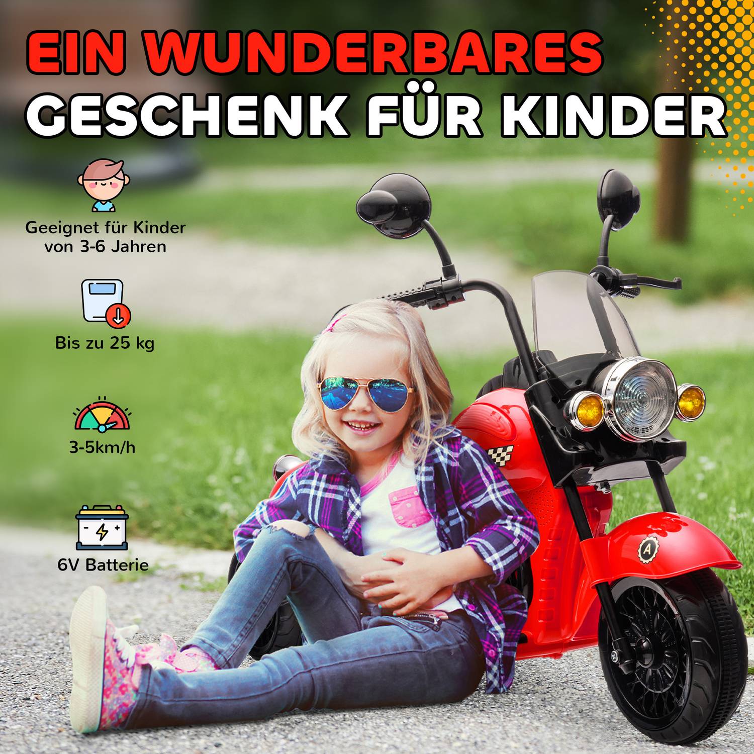 Elmotorcykel för barn, LED, Musik, 3-6 år, Röd