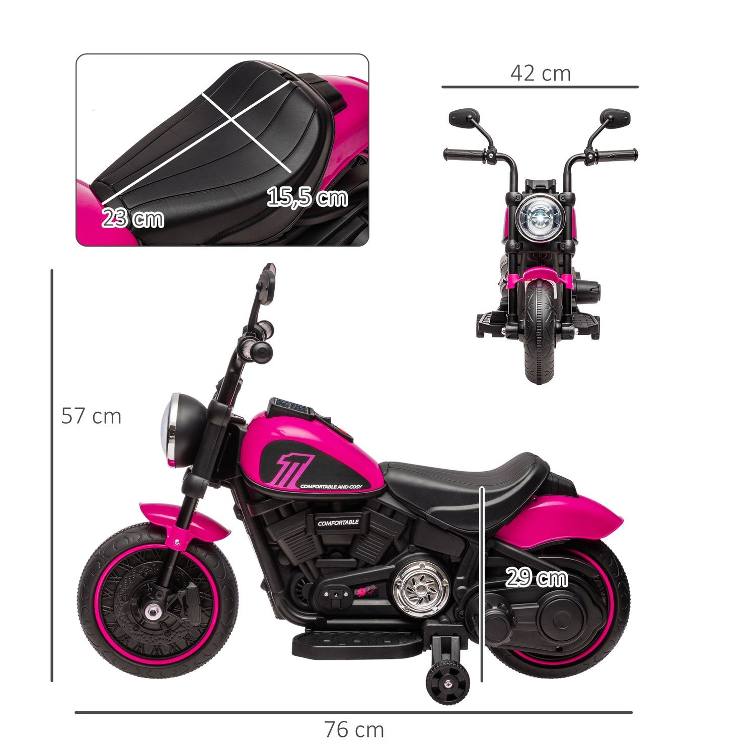 Elmotorcykel för barn, rosa, 2 avtagbara hjul, 1,5-3 km/h