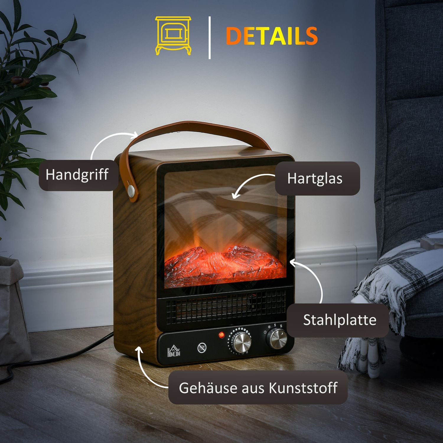 Elspis 750/1500W, Flameffekt, Lågt ljud