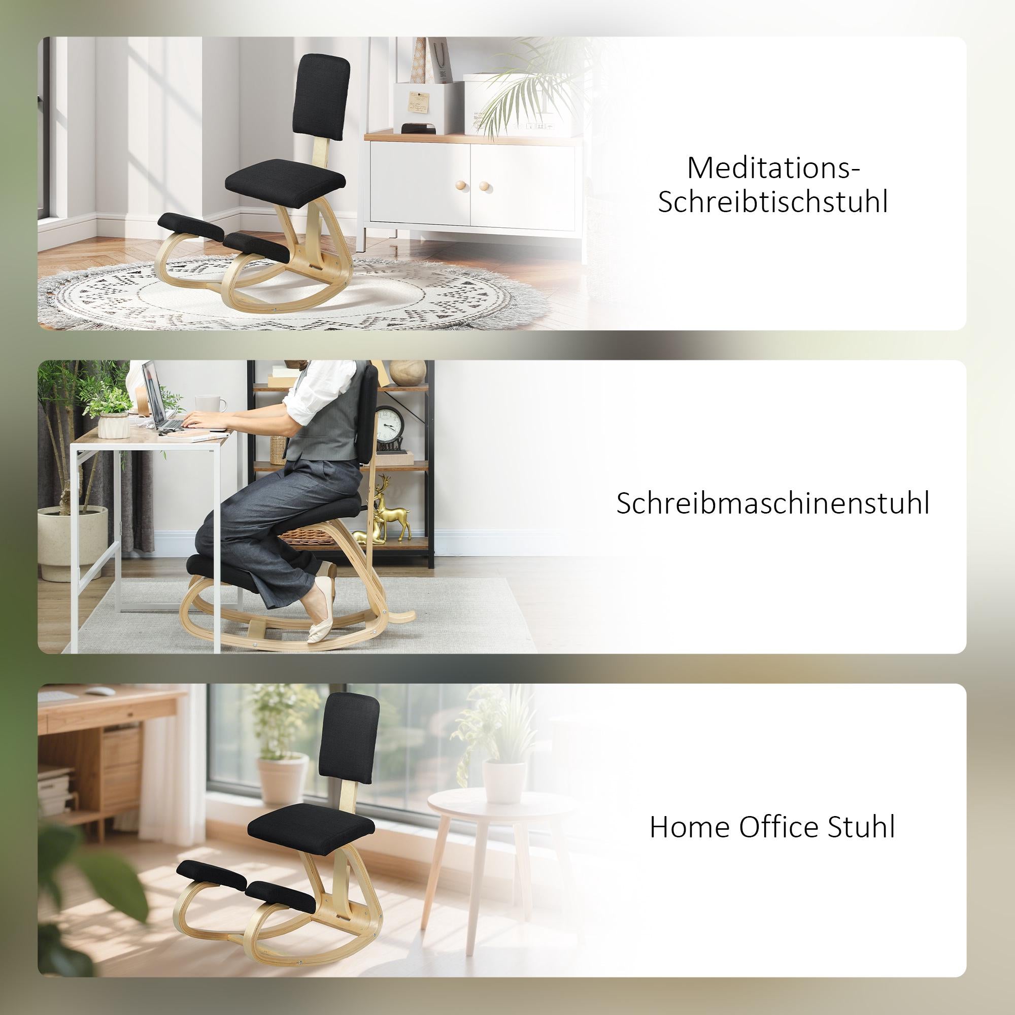 Ergonomisk knäböjstol, björkträ, svart, för hemmabruk och kontor