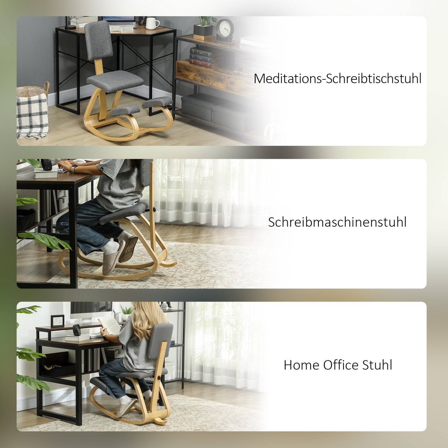 Ergonomisk knästol, björkträ, grå, hem & kontor