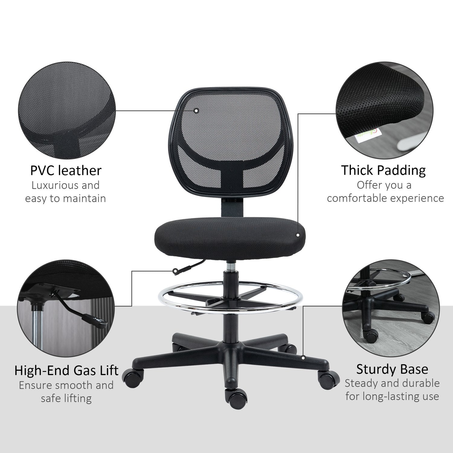 Ergonomisk kontorsstol, justerbar höjd & fotring