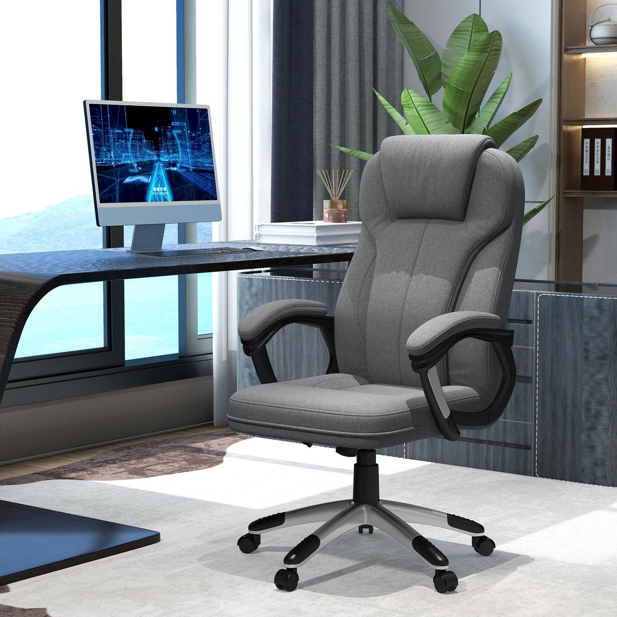 Ergonomischer Bürostuhl – verstellbare Höhe, graues Leinen, Kopfstütze