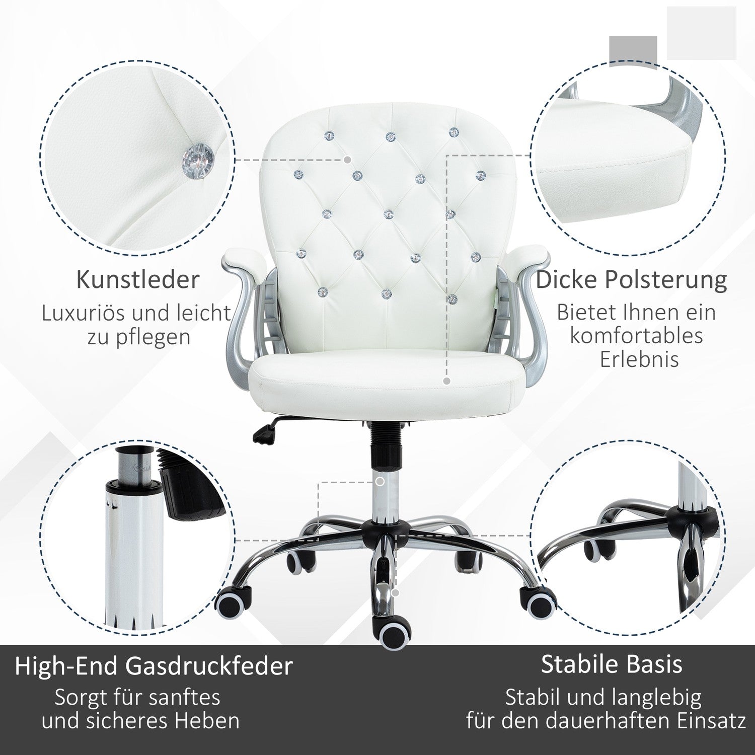 Ergonomisk kontorsstol med armstöd, vit läder-look