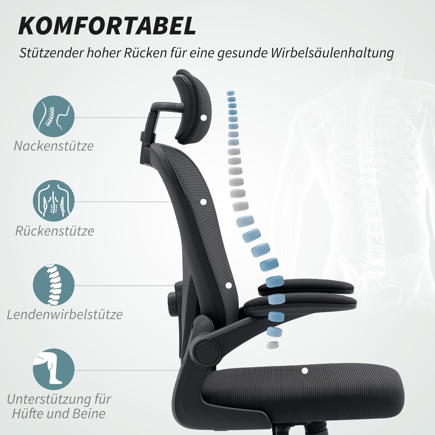 Ergonomisk kontorsstol med justerbart nackstöd och svankstöd