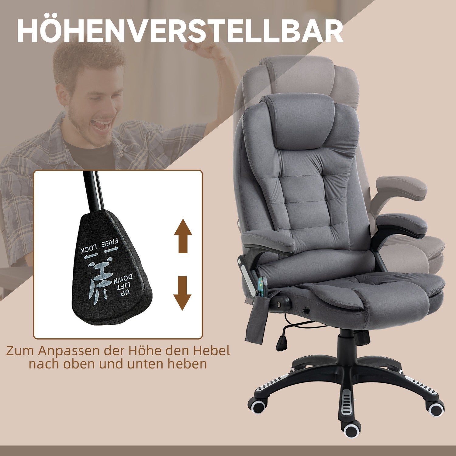 Ergonomisk kontorsstol med massage & värme, mörkgrå