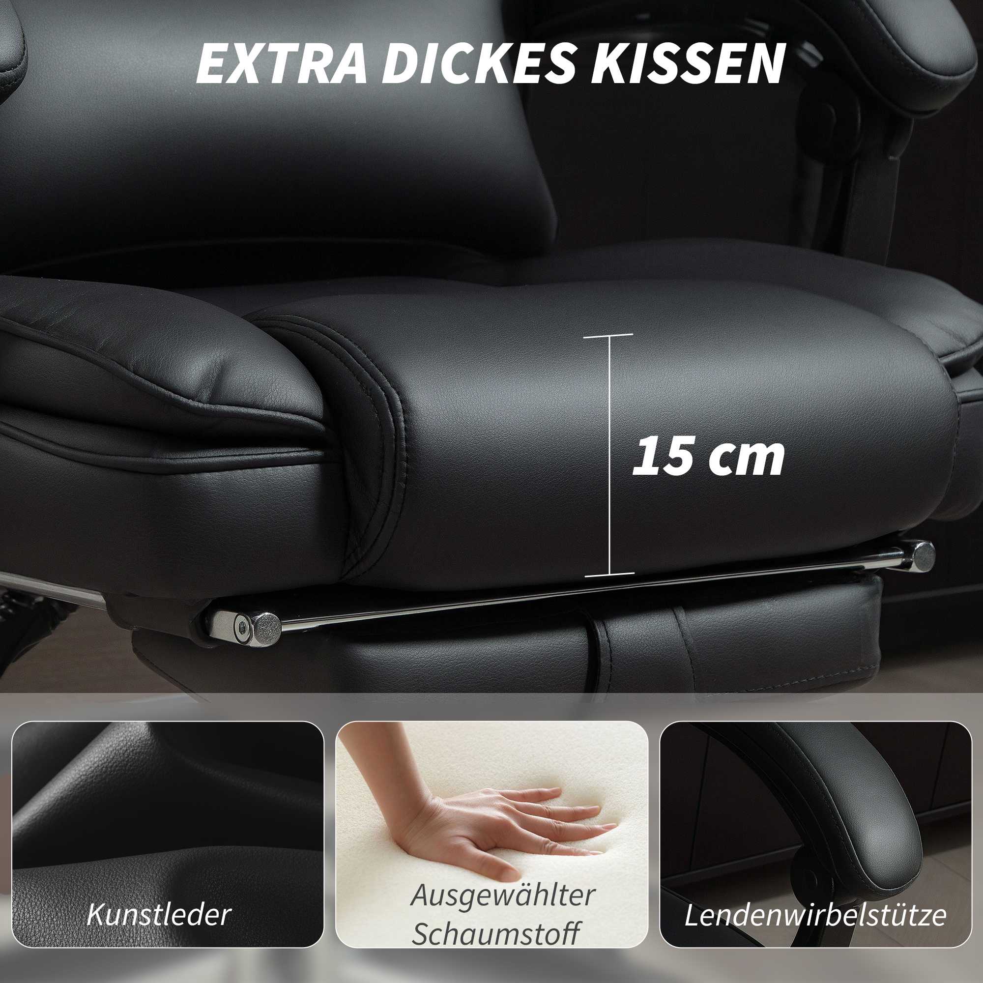 Ergonomisk kontorsstol med svankstöd, svart PU-läder