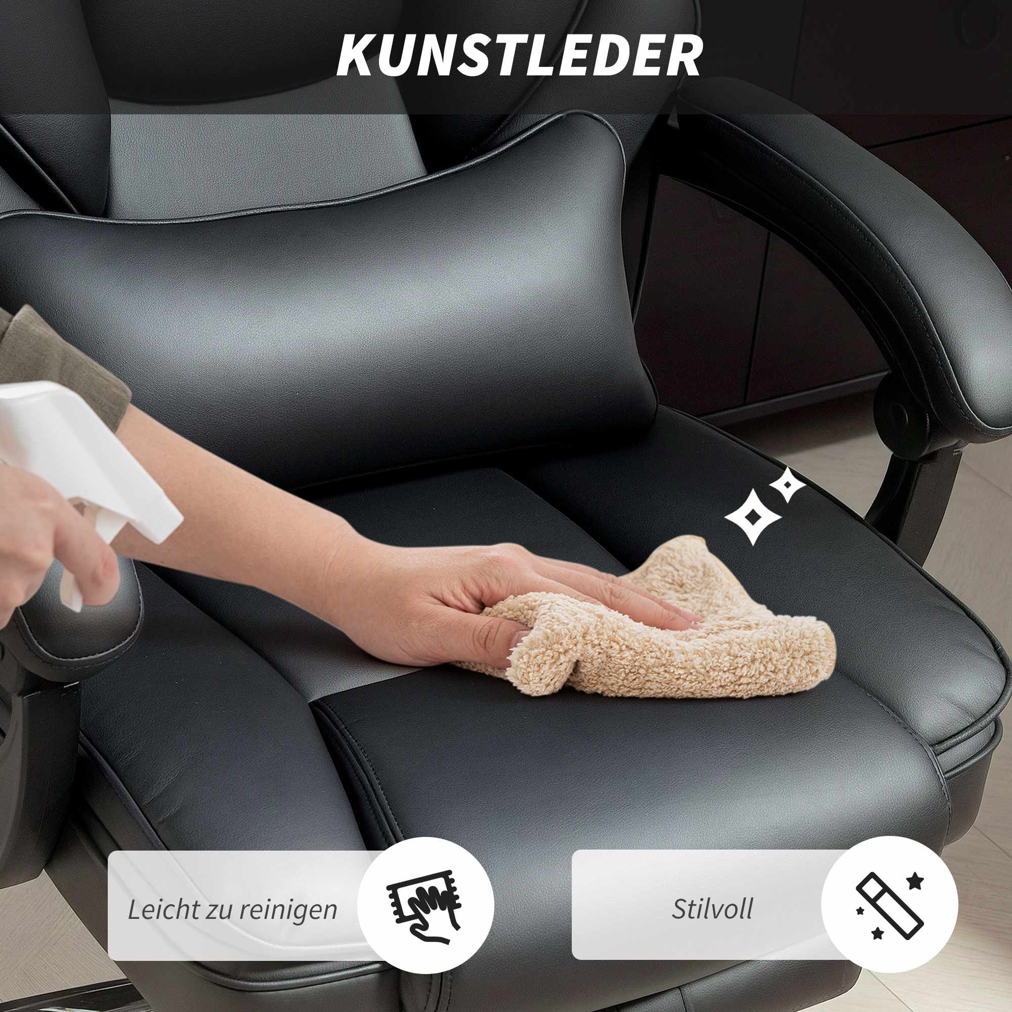 Ergonomisk kontorsstol med svankstöd, svart PU-läder