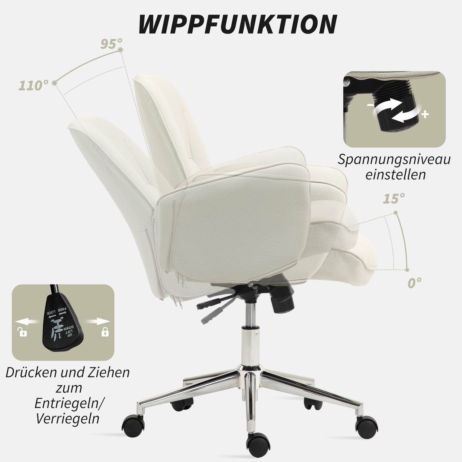 Ergonomisk kontorsstol, mikrofiber, krämvit, justerbar i höjdled