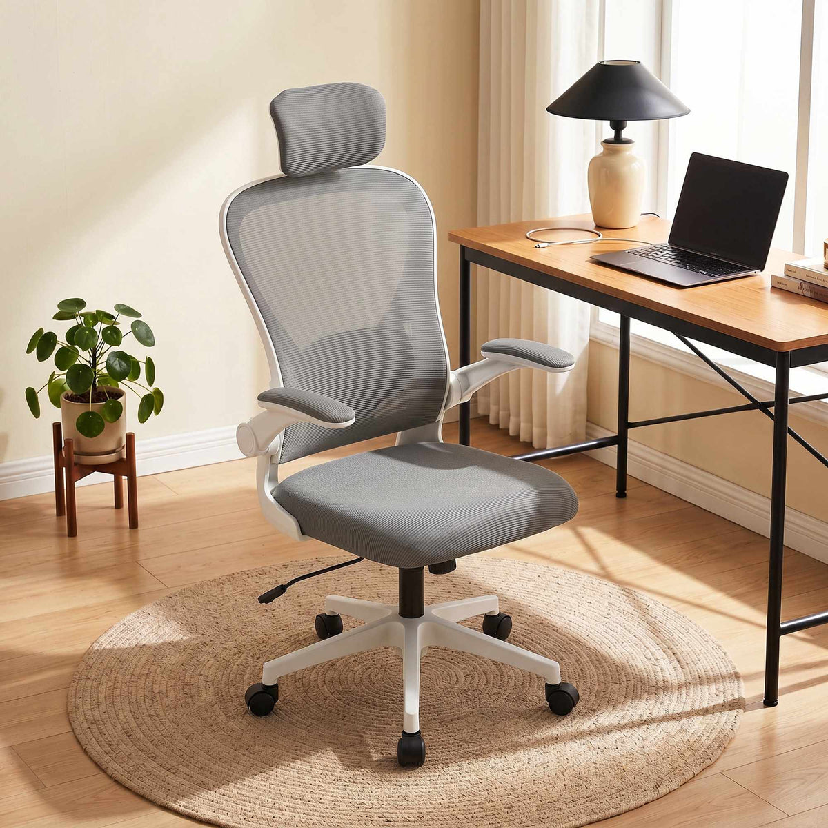 Ergonomisk kontorsstol, nät, uppfällbara armstöd, grå